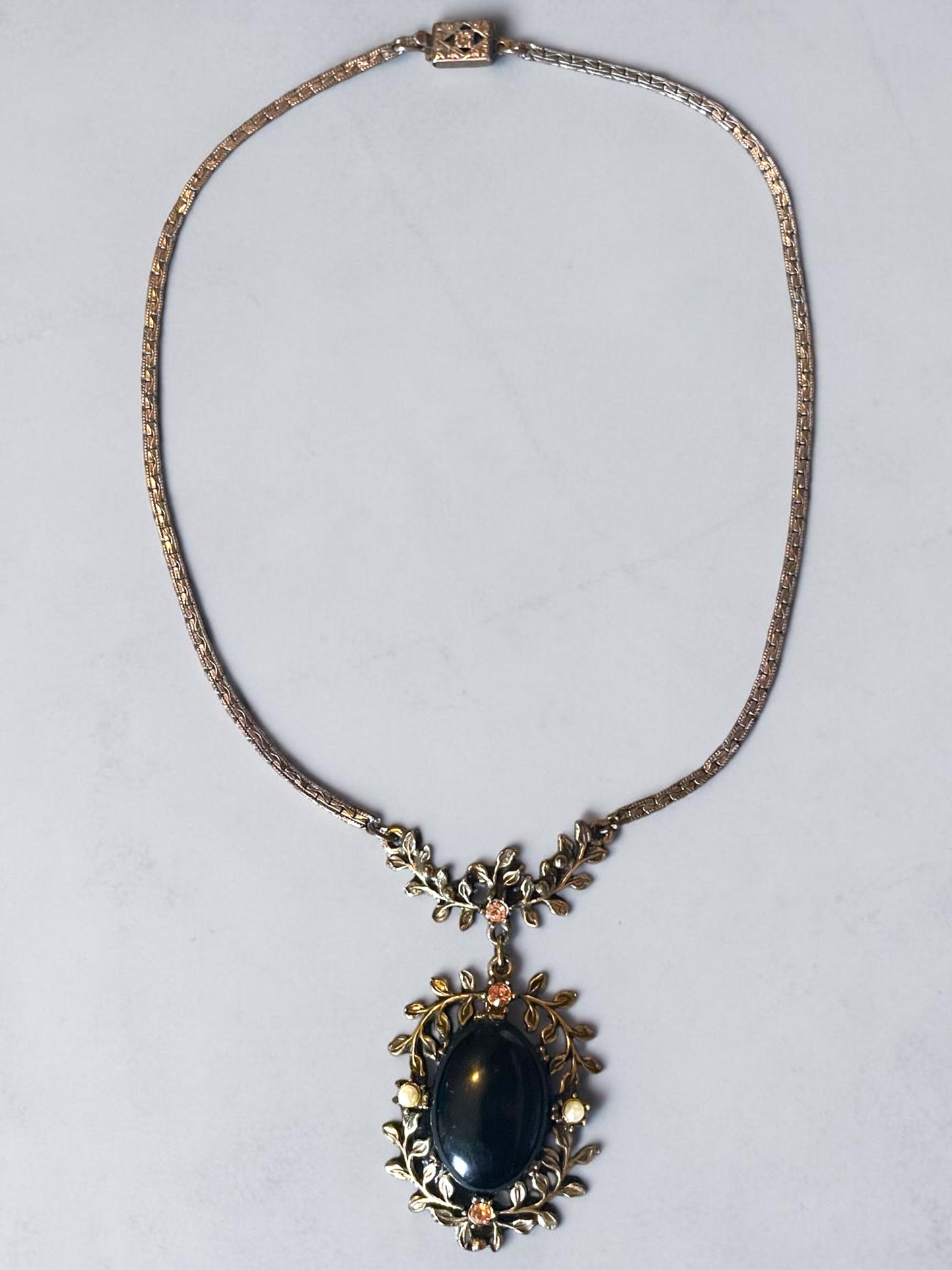 Art Nouveau Brass Leaf Garland Black Art Glass, Pink Crystal & Pearl Necklace