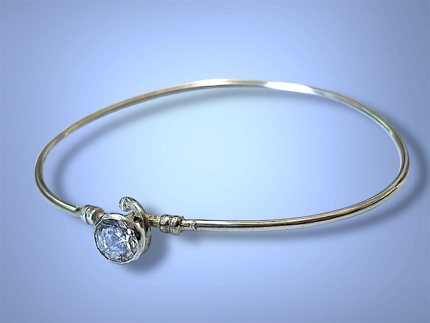 Vintage Sterling Silver Sparkling White Zircon Hook Bangle Bracelet