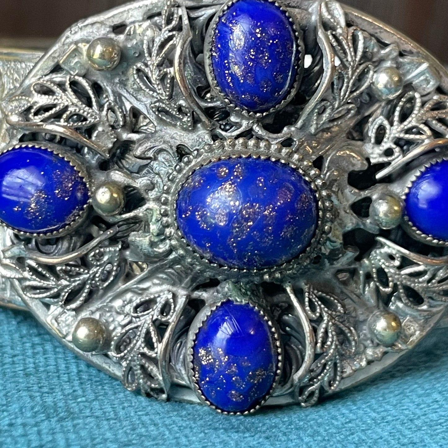Silver Filigree Lapis Blue Gold Foil Glitter Art Glass Flower Engraved Hinged Bangle Bracelet