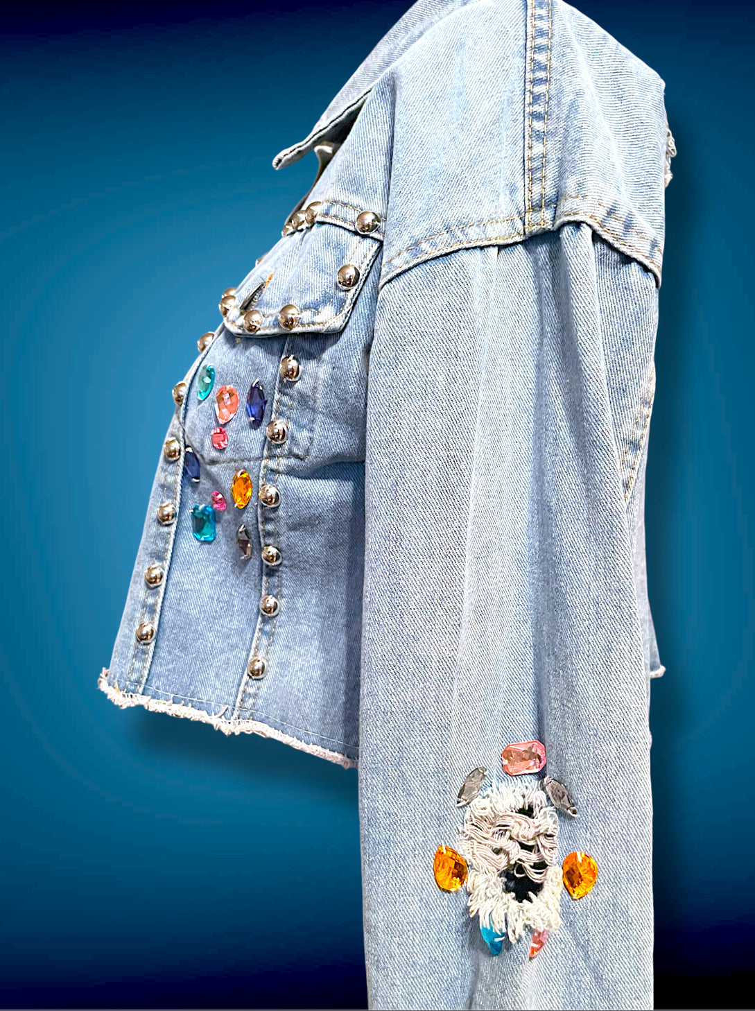 Vintage 1980’s Rainbow Jewel Crystal Stone Encrusted & Metal Rivet Crop Distressed Jean Jacket