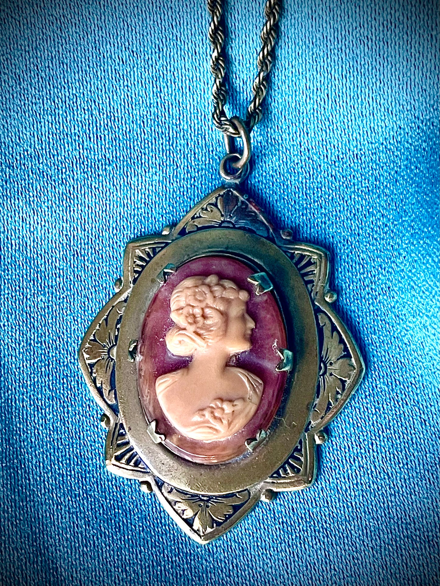 Art Nouveau Engraved Brass Orange & Cream Celluloid Cameo Necklace