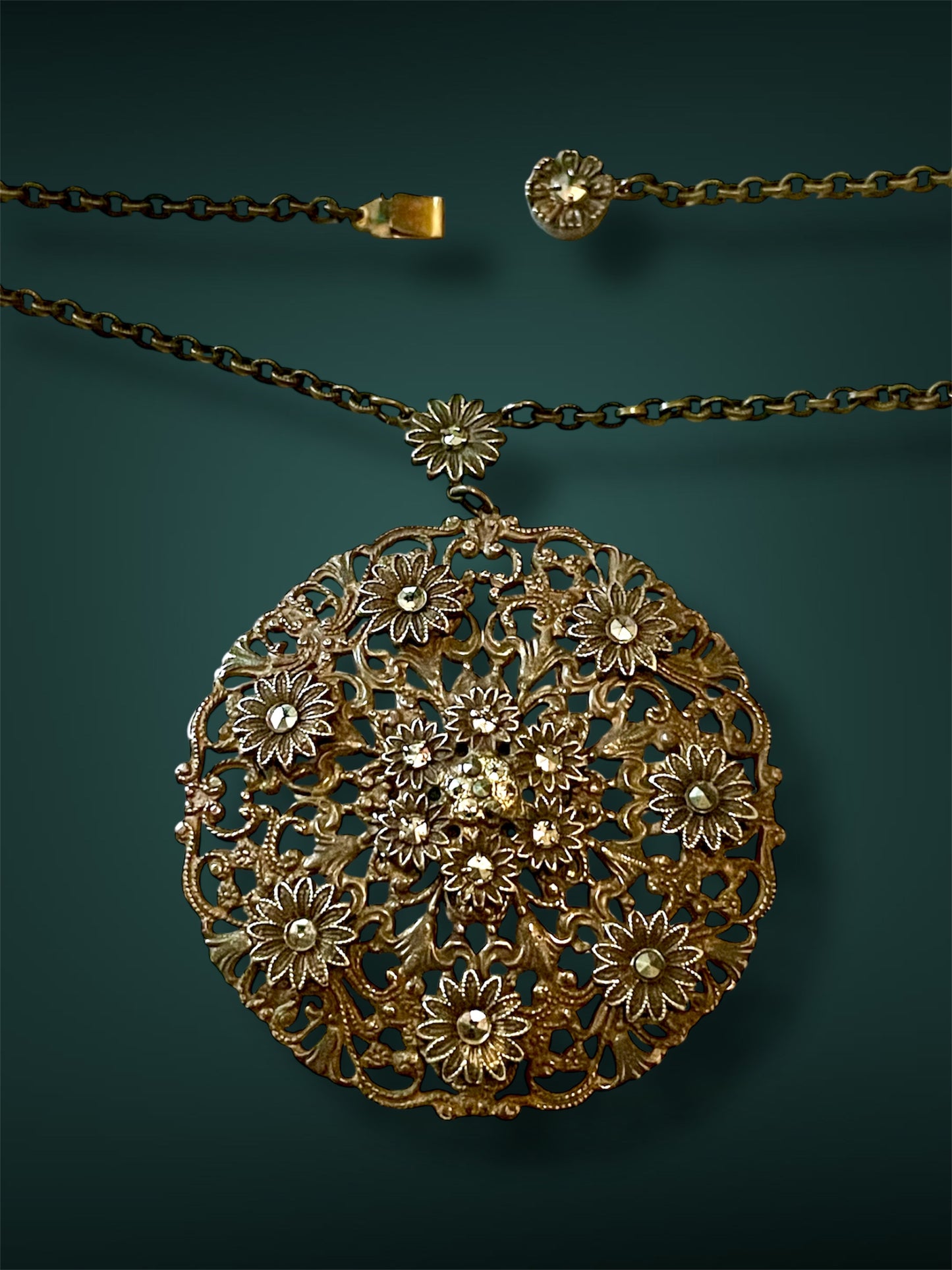 Art Nouveau Brass Floral & Flourish Filigree Daisy Marcasite Necklace