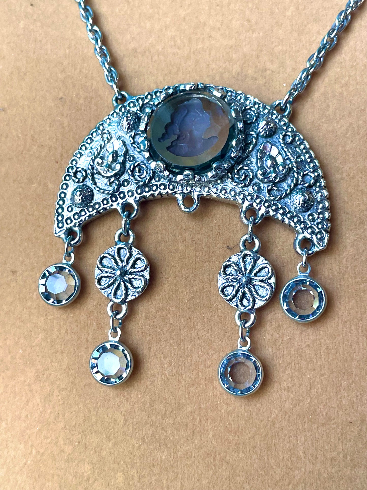 Grey Faceted Intaglio Cameo Crescent Moon Dangling Crystal Vintage Necklace