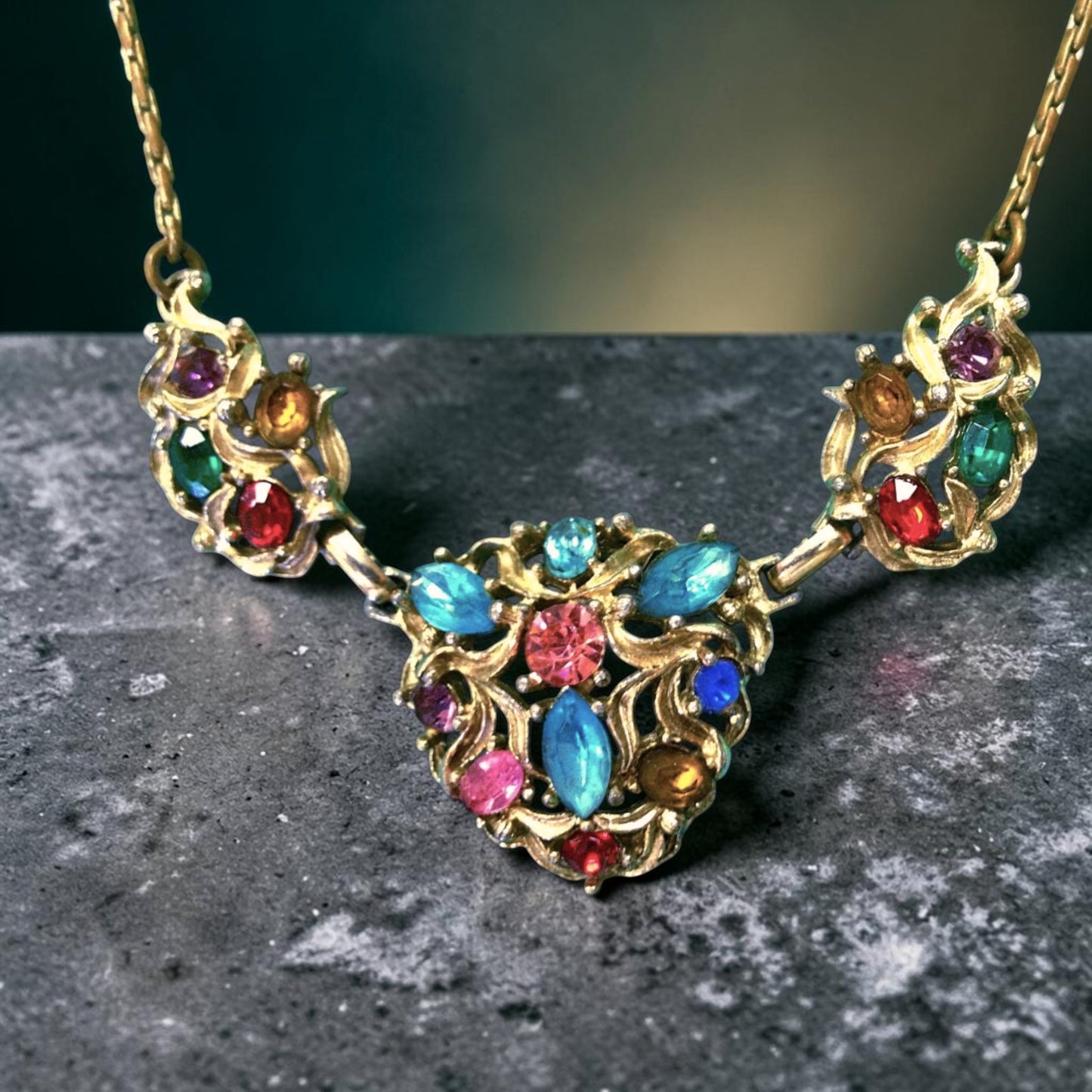 Art Nouveau Fruit Salad Czech Multicolor Crystal Rhinestone Choker Necklace
