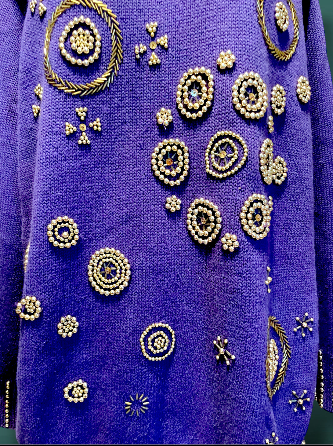 Vintage 1980’s Purple Oversized Boat Neck Sweater with Gold Bead Detail Design