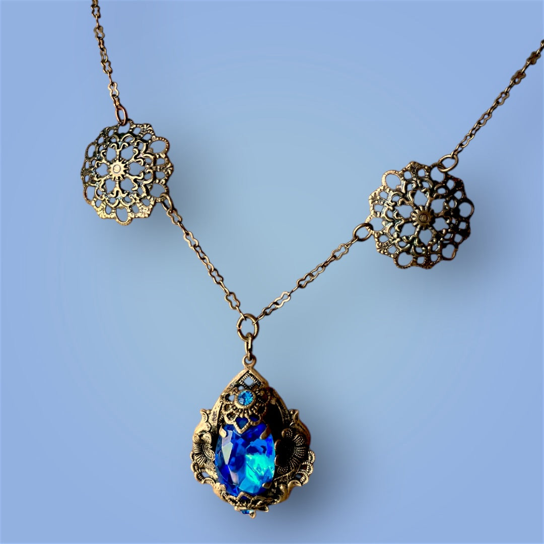 Art Nouveau Czechoslovakian Brass Filigree Royal Blue Crystal Necklace