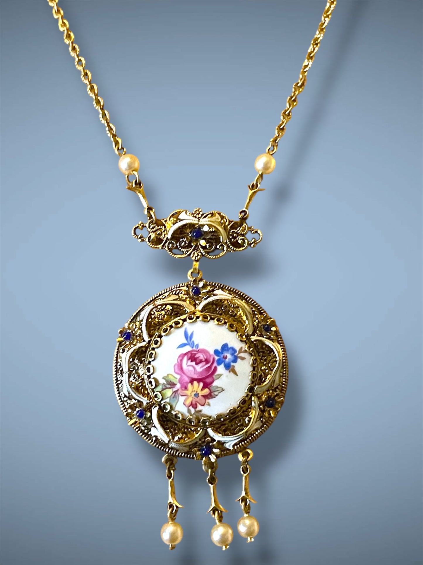 Art Nouveau Gilded Brass Filigree Porcelain Rose Floral Bouquet Limoge, Cloisonné Enamel & Blue Art Glass Necklace