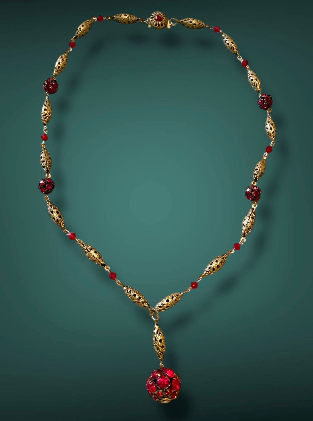 Vintage Art Nouveau Czech Ruby Red Crystal Brass Filigree Y Lavaliere Necklace