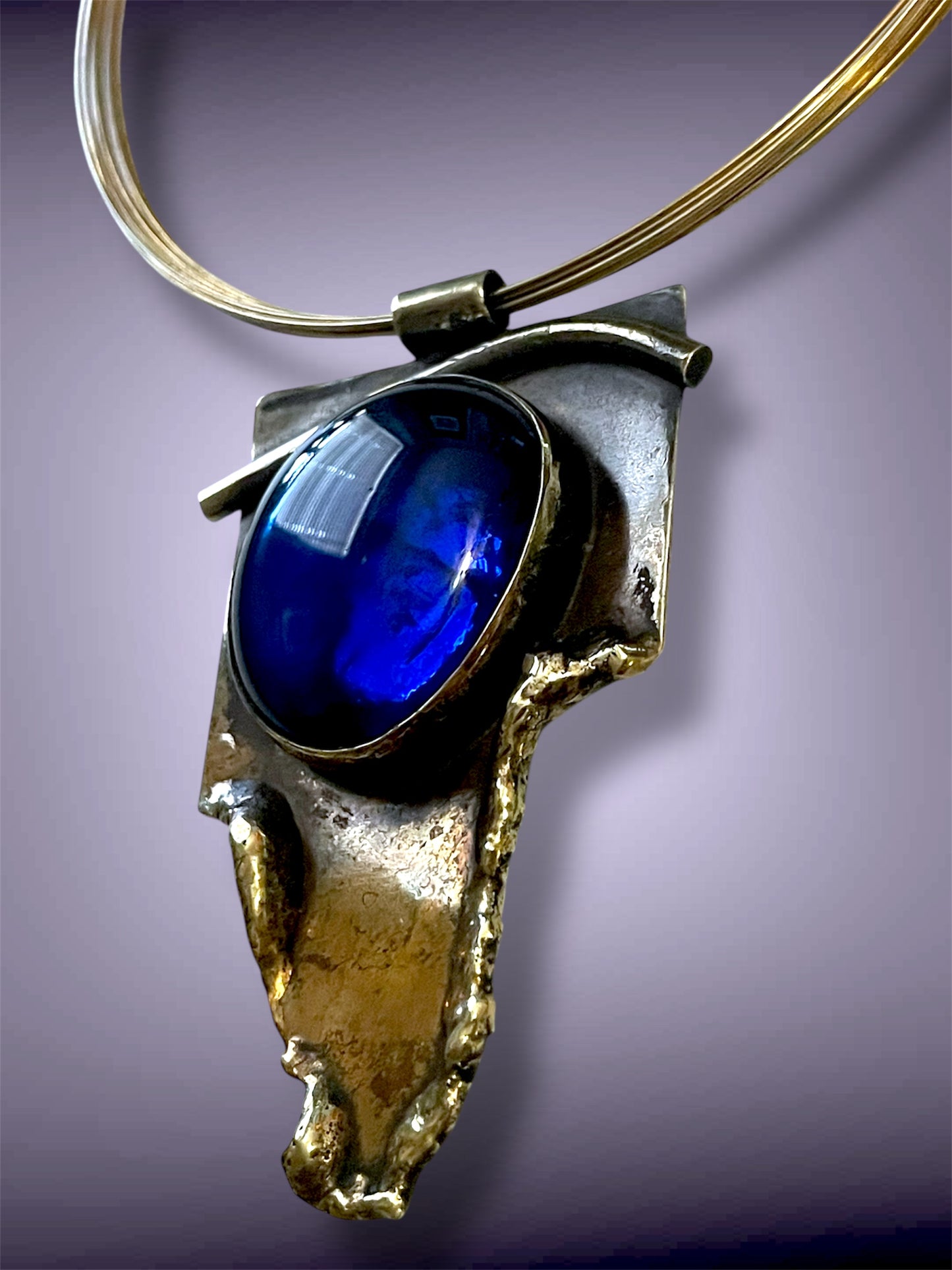 Antique Brass Brutalist Sapphire Blue Foil Art Glass Choker Necklace