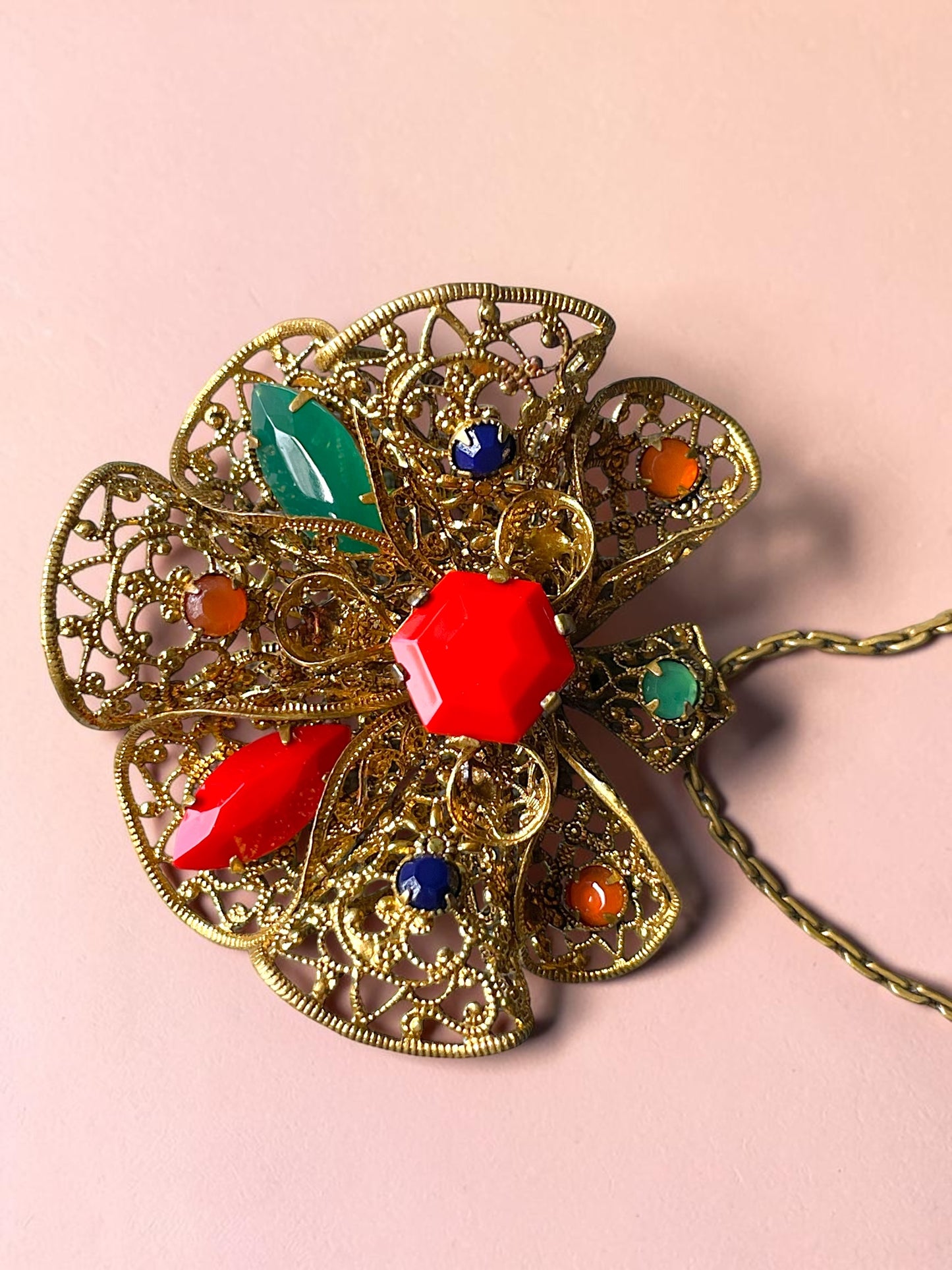 Czechoslovakian Red, Blue, Green & Orange Faceted Art Glass Brass Filigree Necklace