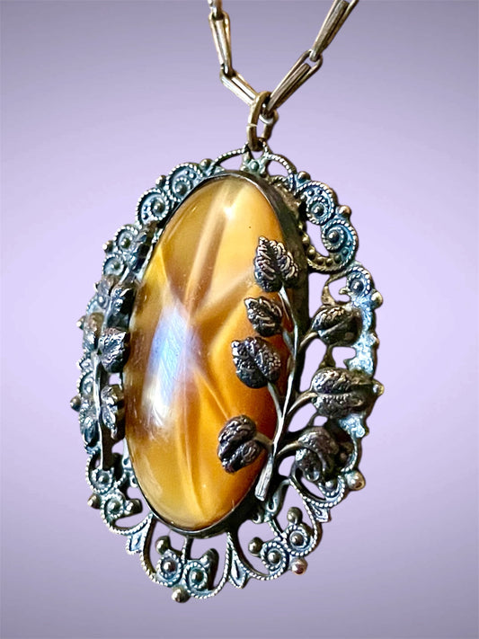Art Nouveau Czechoslovakian Brass Citrine Cat Eye Star Art Glass Pendant Necklace