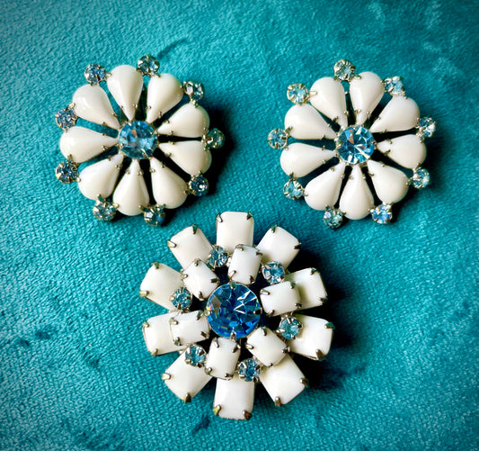 Milk Glass & Blue Topaz Crystal Prong Set Brooch & Earrings Set