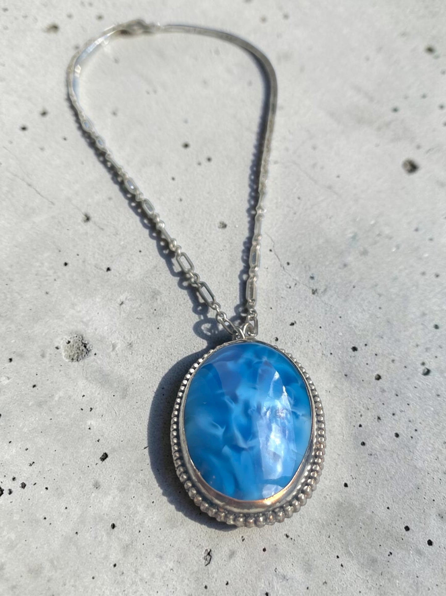 Art Deco Opalescent Blue Marble Art Glass Sterling Silver Chain Necklace