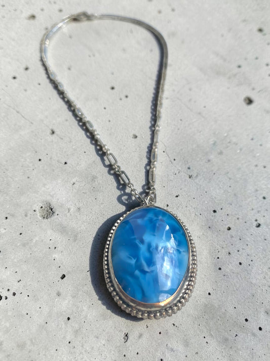 Art Deco Opalescent Blue Marble Art Glass Sterling Silver Chain Necklace