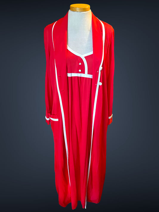 1960’s Sears Red & White Long Tank & Robe Peignoir Nightgown Set