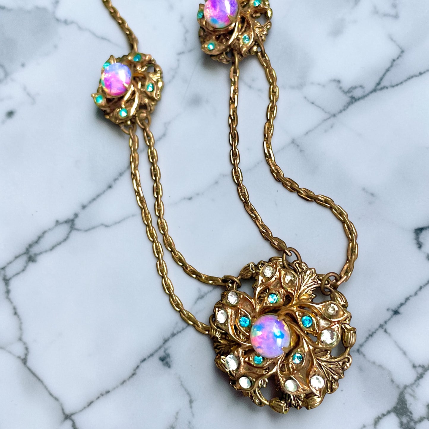 Edwardian Pink Gold Foil Art Glass Dragons Breath Fire Opal Festoon Necklace