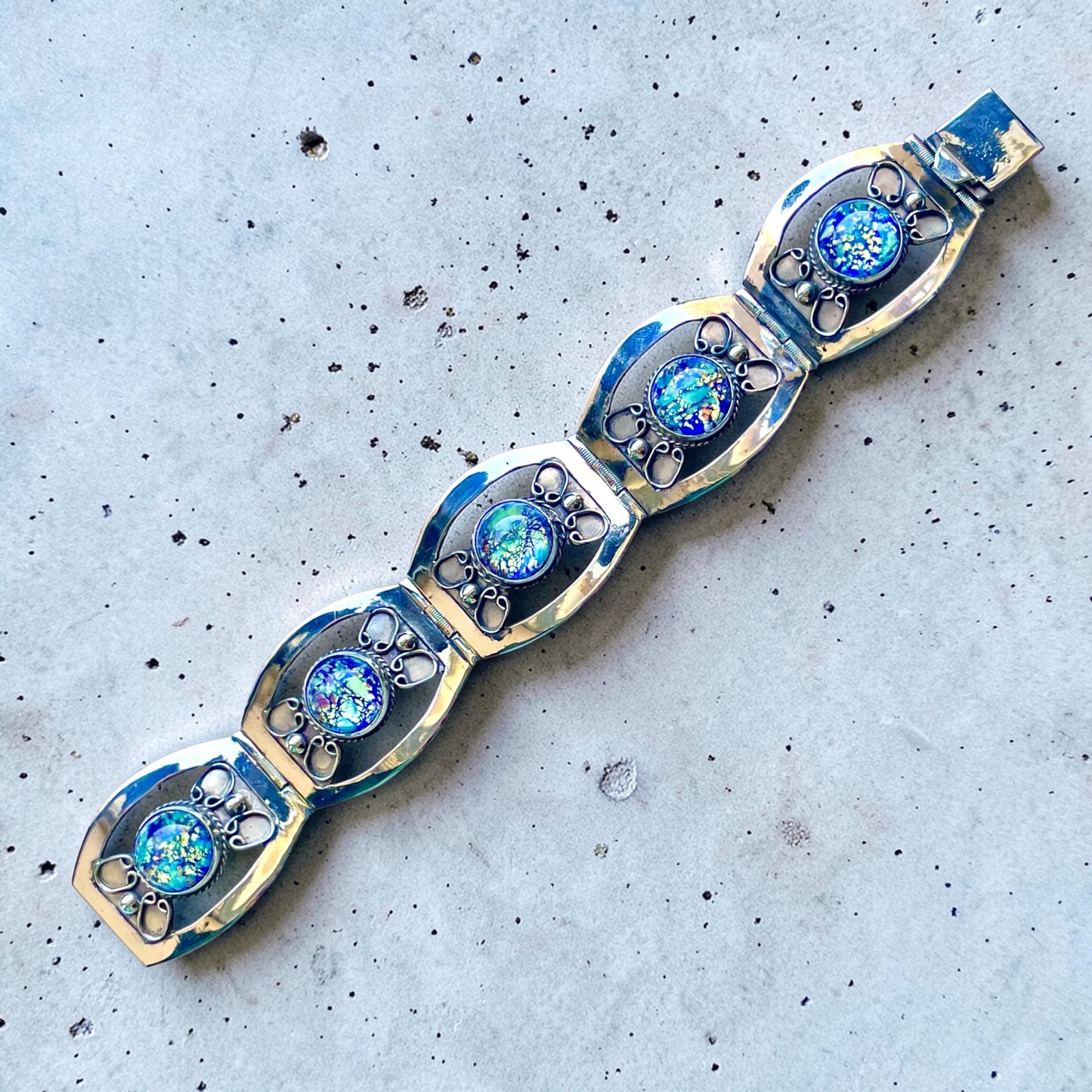 Sterling Silver Blue Green Dragons Breath Fire Opal Taxco Mexico Panel Bracelet