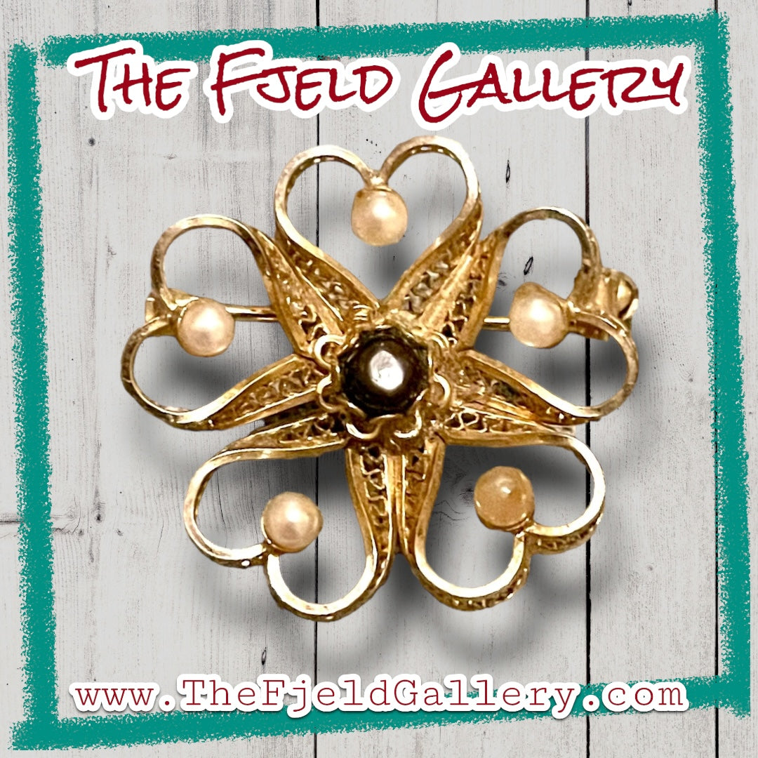 Vintage Dixelle Designer 12k Gold Filled Filigree Flower Brooch Pin with Pearls & Black Crystal