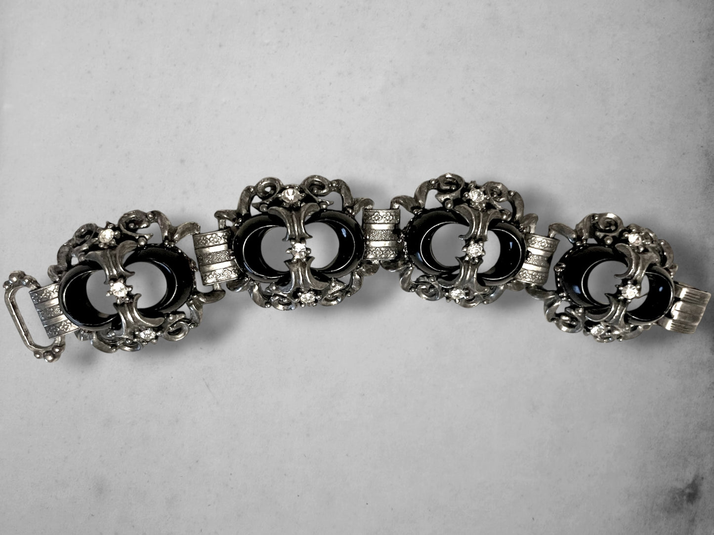 Victorian Booklink Chain Black Crescent Moon Crystal Panel Bracelet