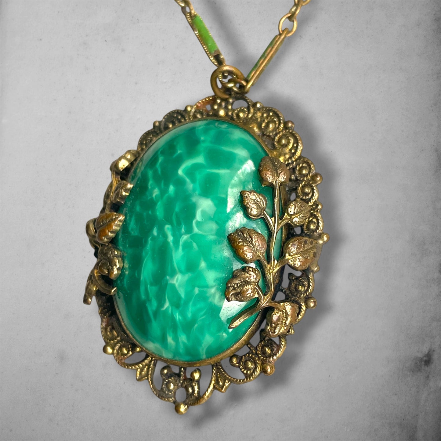 Art Nouveau Czech Peking Green Marble Art Glass Enamel Brass Filigree Necklace