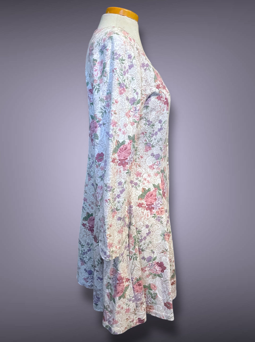 1990’s Pink Floral Rose Print Pearl Button Up Long Sleeve A-Line Dress