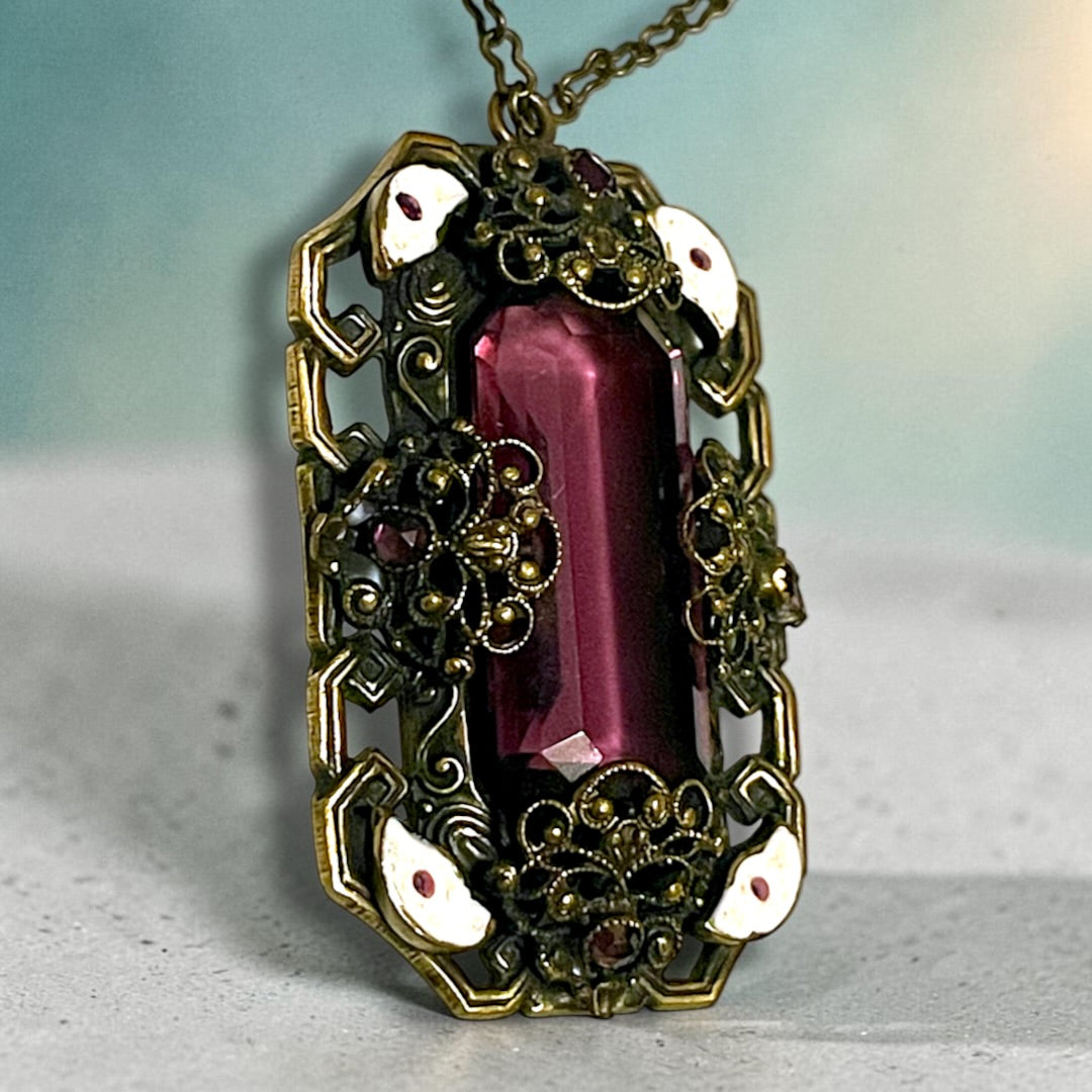 Art Nouveau Neiger Brothers Purple Crystal & Enamel Brass Filigree Necklace