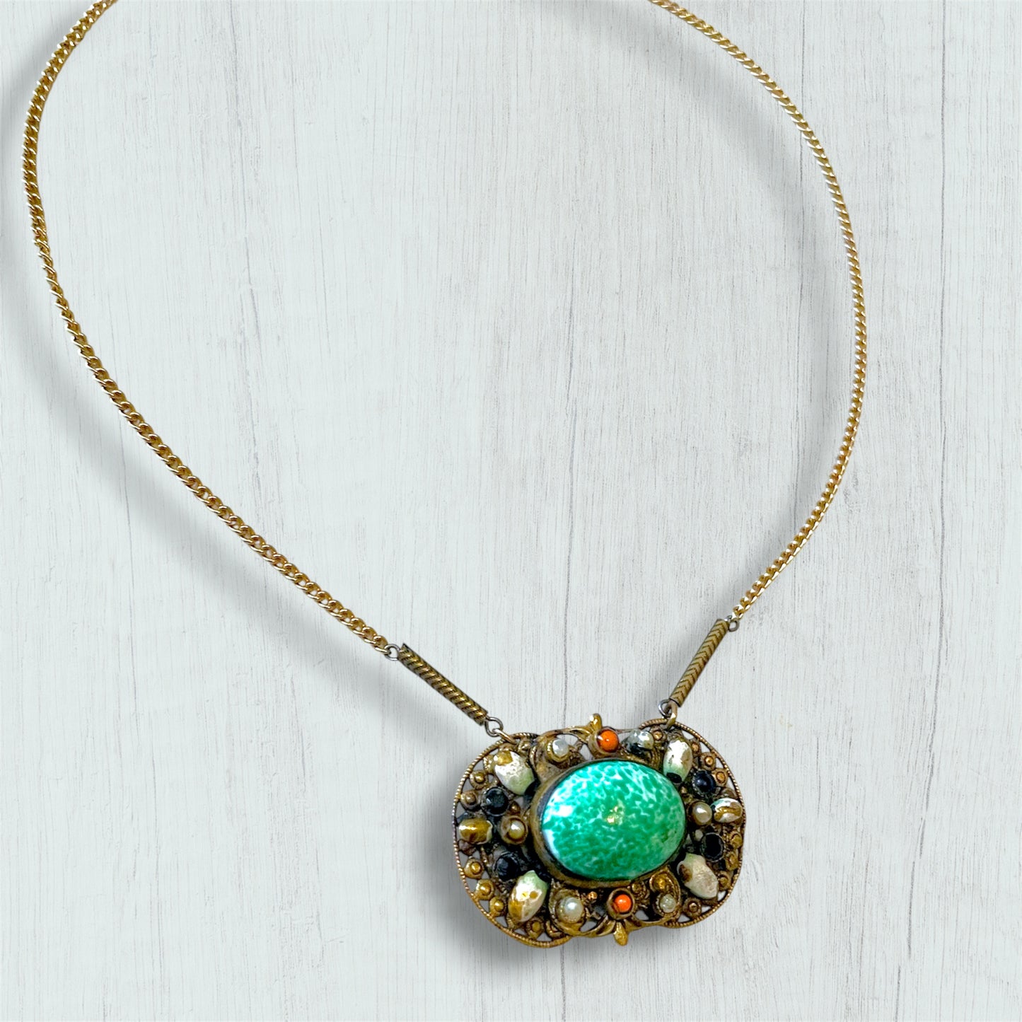 Art Nouveau Czechoslovakian Brass Filigree Jade Peking Art Glass Necklace