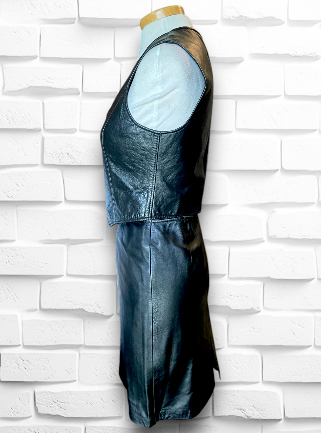 Vintage Black Leather Biker Snap Up Vest & Skirt Set