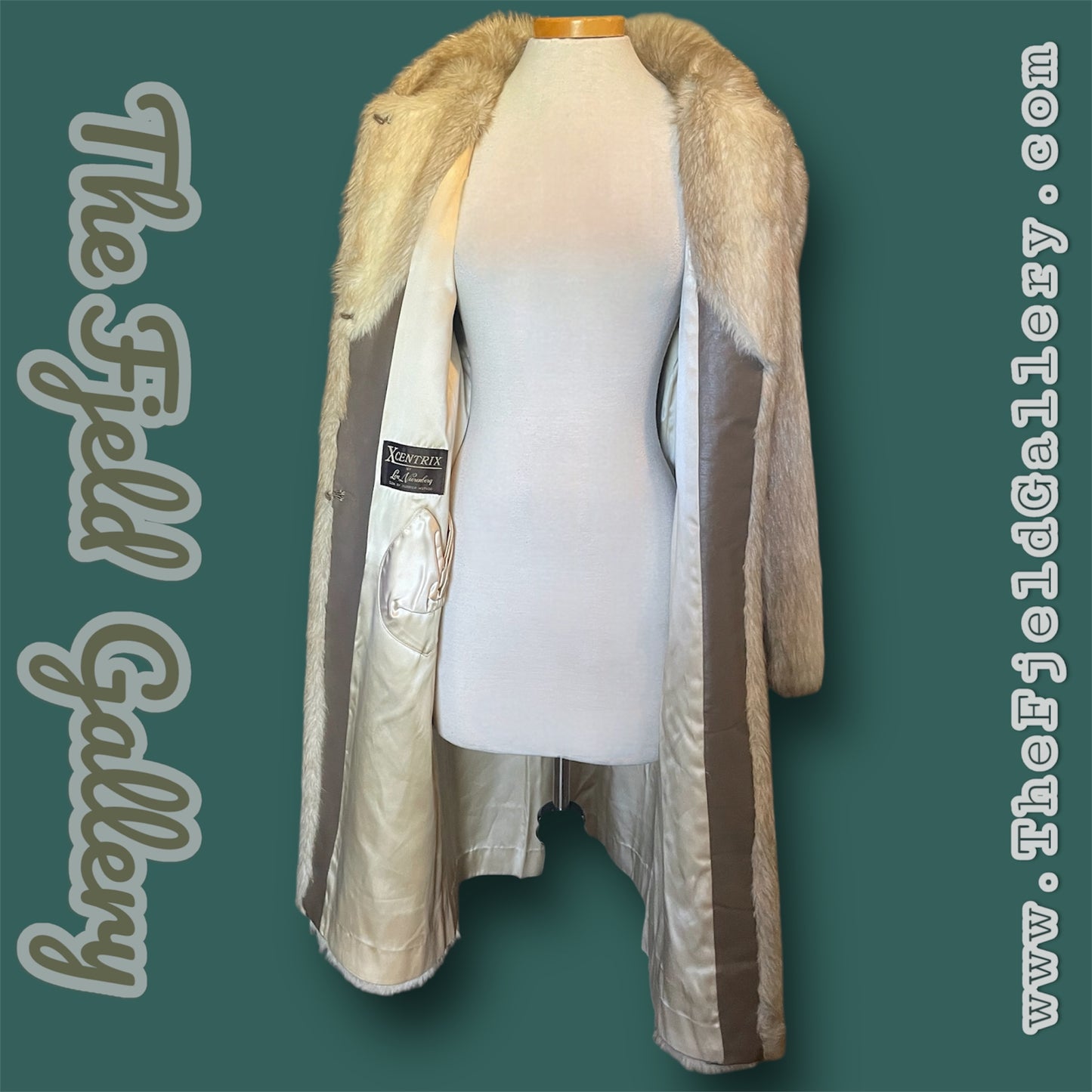 1960 Beige & Ivory Faux Fur Long Overcoat w/ Attached Fur Scarf