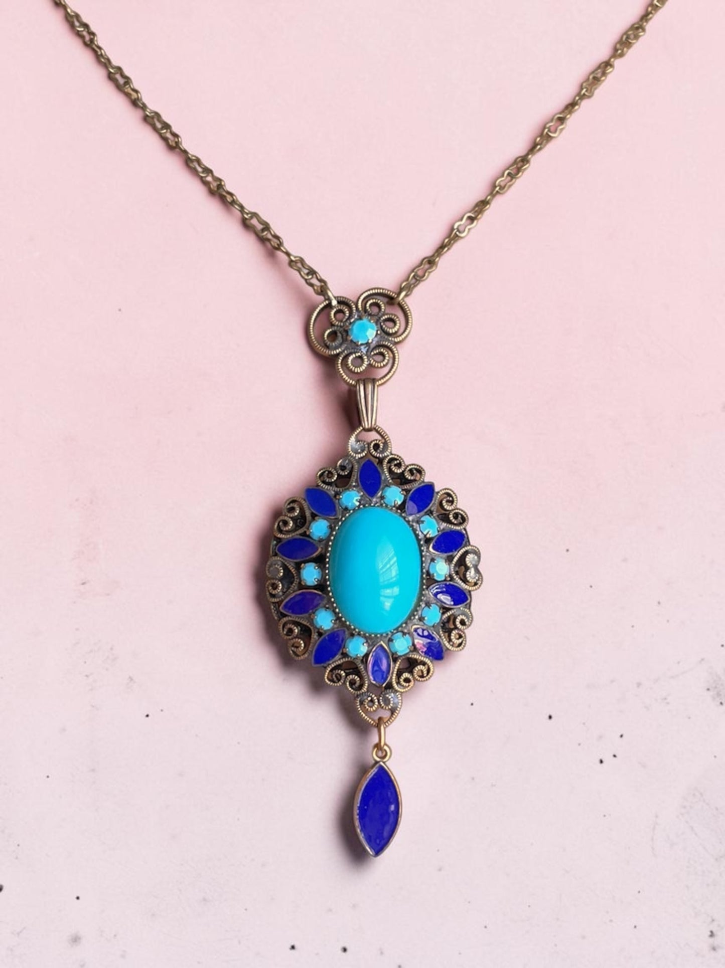 Art Nouveau Brass Filigree Turquoise Art Glass & Royal Blue Enamel Pendant Necklace