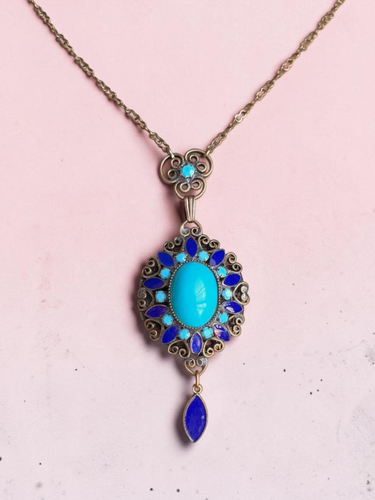 Art Nouveau Brass Filigree Turquoise Art Glass & Royal Blue Enamel Pendant Necklace