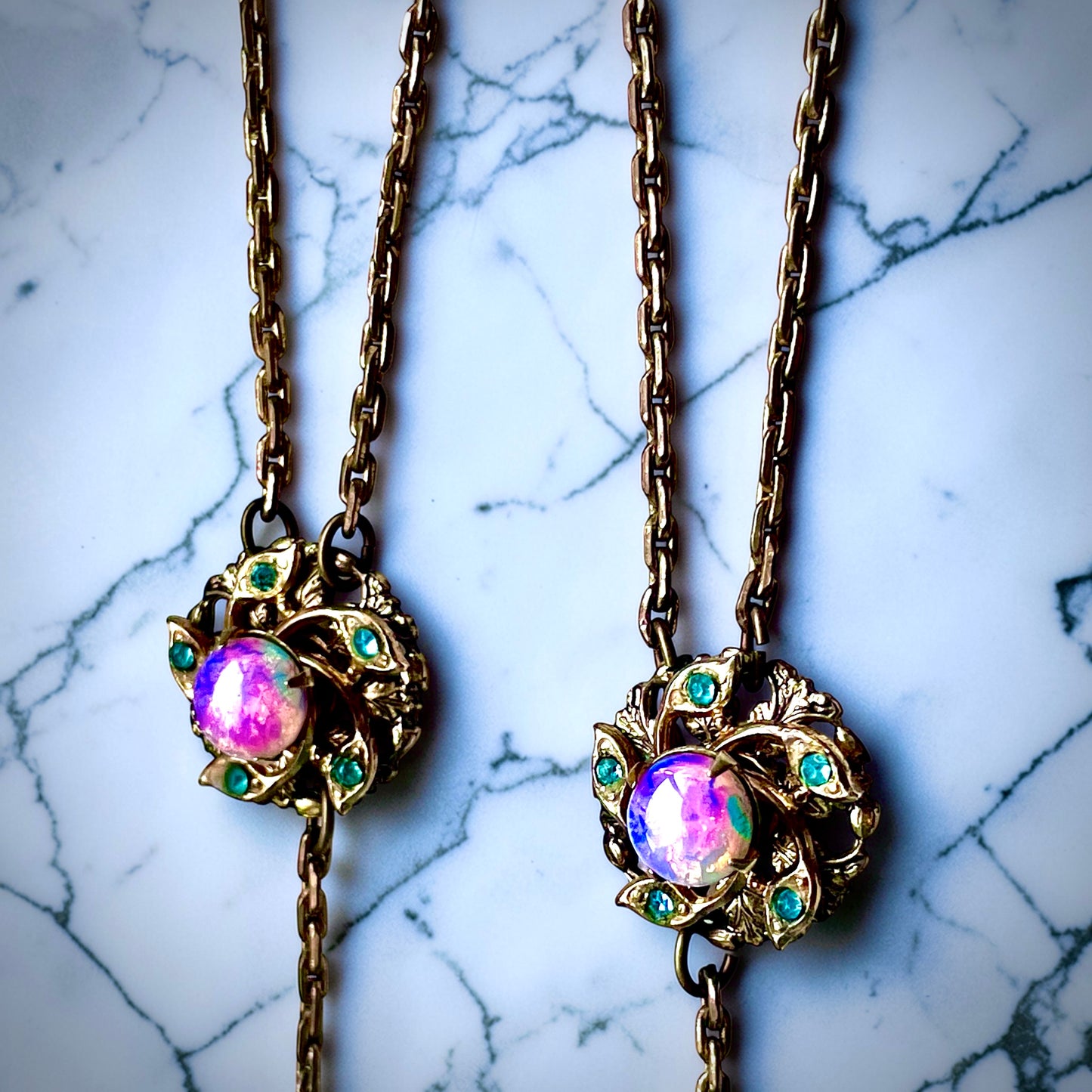 Edwardian Pink Gold Foil Art Glass Dragons Breath Fire Opal Festoon Necklace