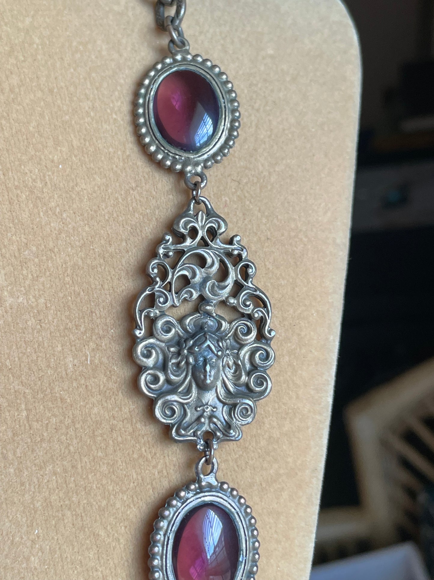 Art Nouveau Woman’s Face Flowing Hair Brass Purple Art Glass Long Necklace