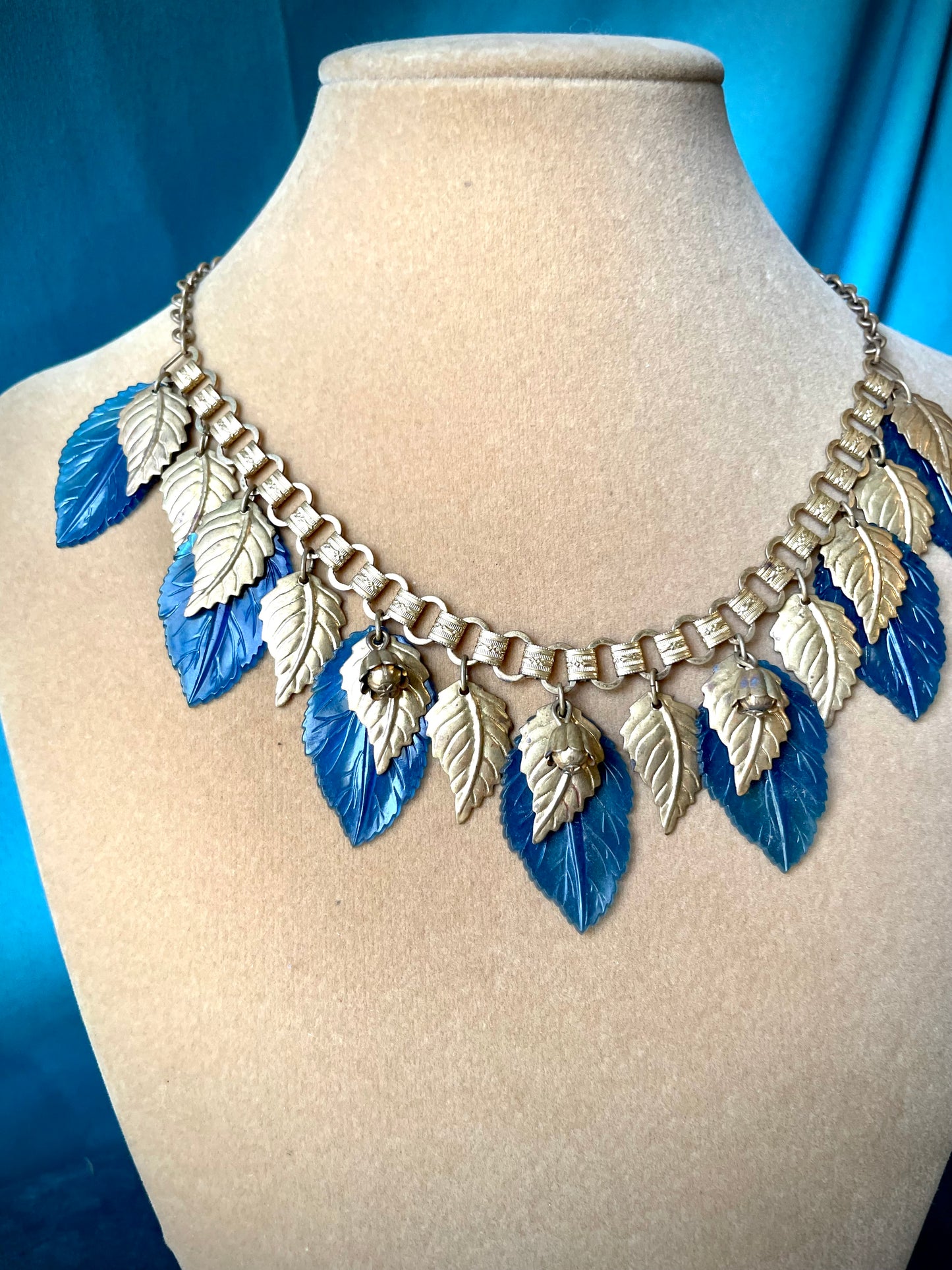 Miriam Haskell Embossed Brass & Turquoise Translucent Early Plastic Leaf & Bell Victorian Booklink Choker Necklace