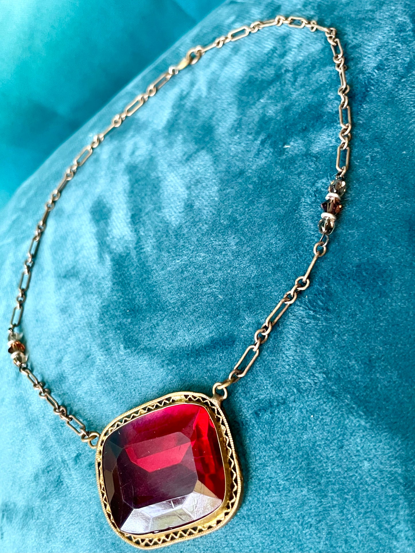 Art Deco Czech Brass Filigree Ruby Red Crystal Choker Necklace