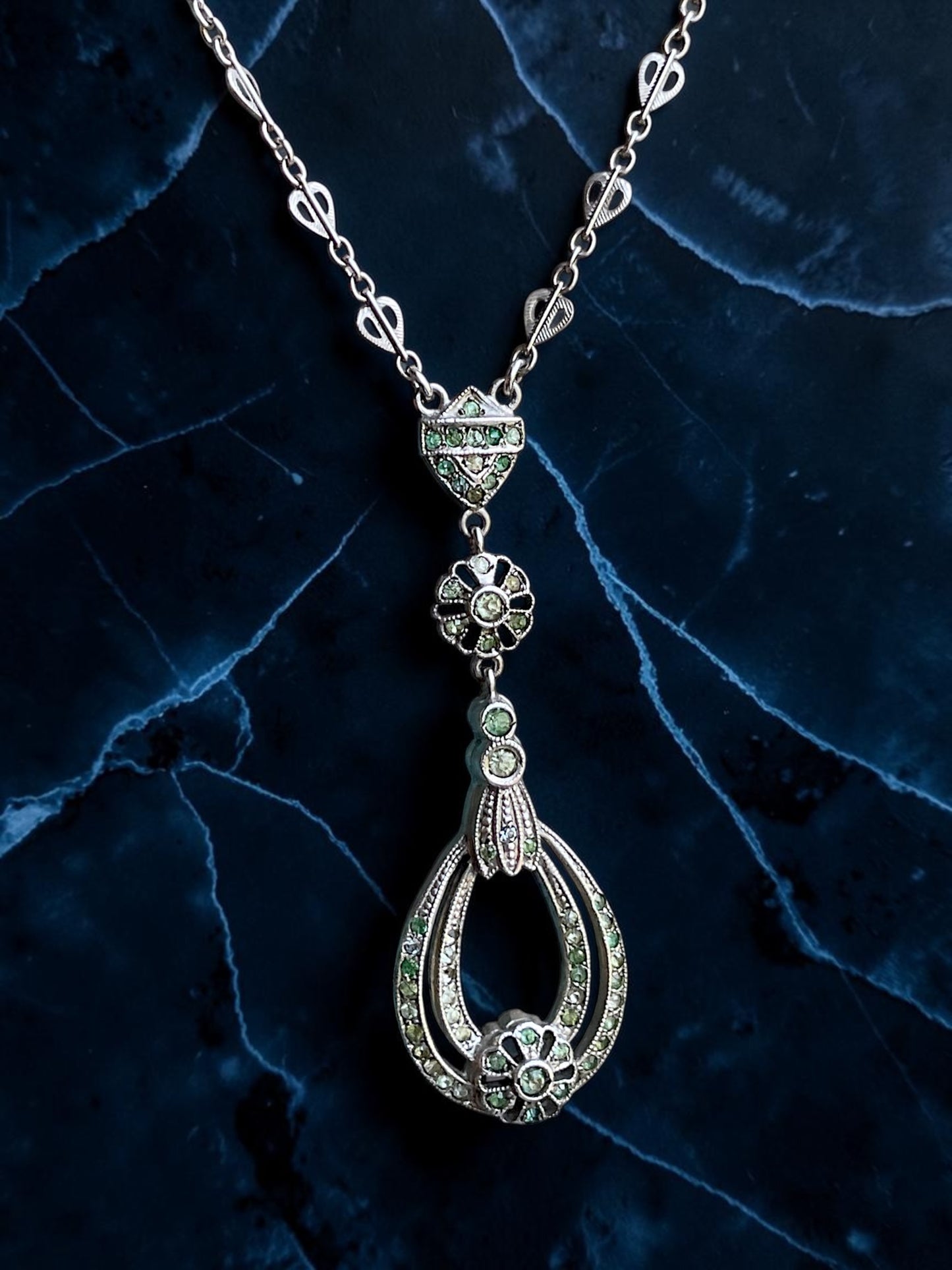 Art Deco Sterling Silver Crystal Floral Drop Y Necklace