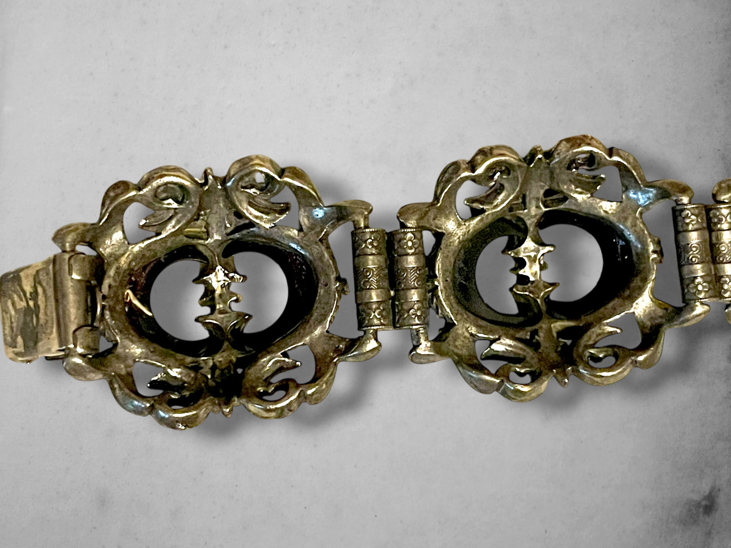 Victorian Booklink Chain Black Crescent Moon Crystal Panel Bracelet