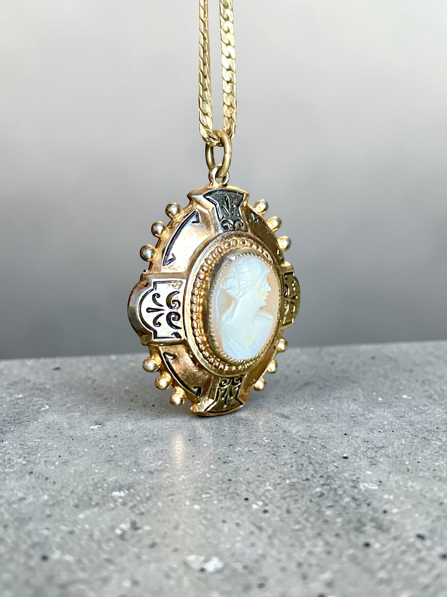 Edwardian Mixed Metal Carved Shell Cameo Cross Locket 14K GF Necklace