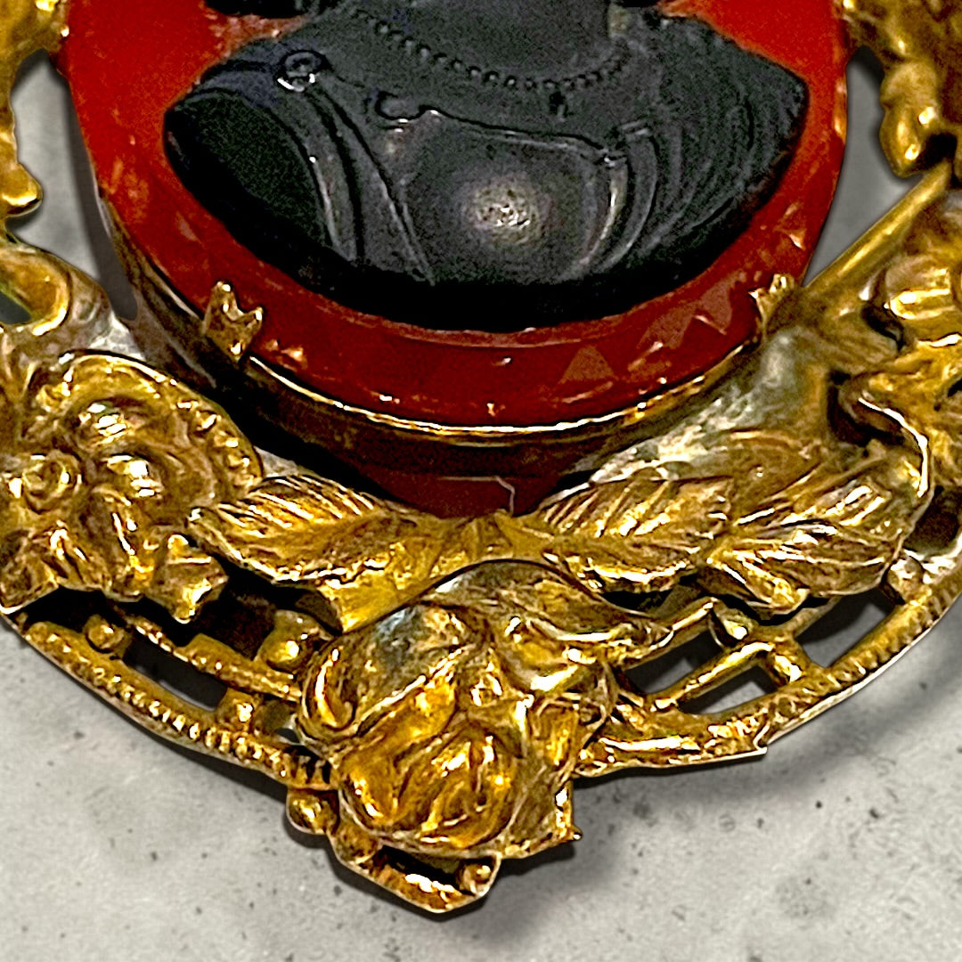 Huge Red & Black Art Glass Cameo Gilded Brass Repoussé Art Nouveau Floral Frame Pendant Necklace