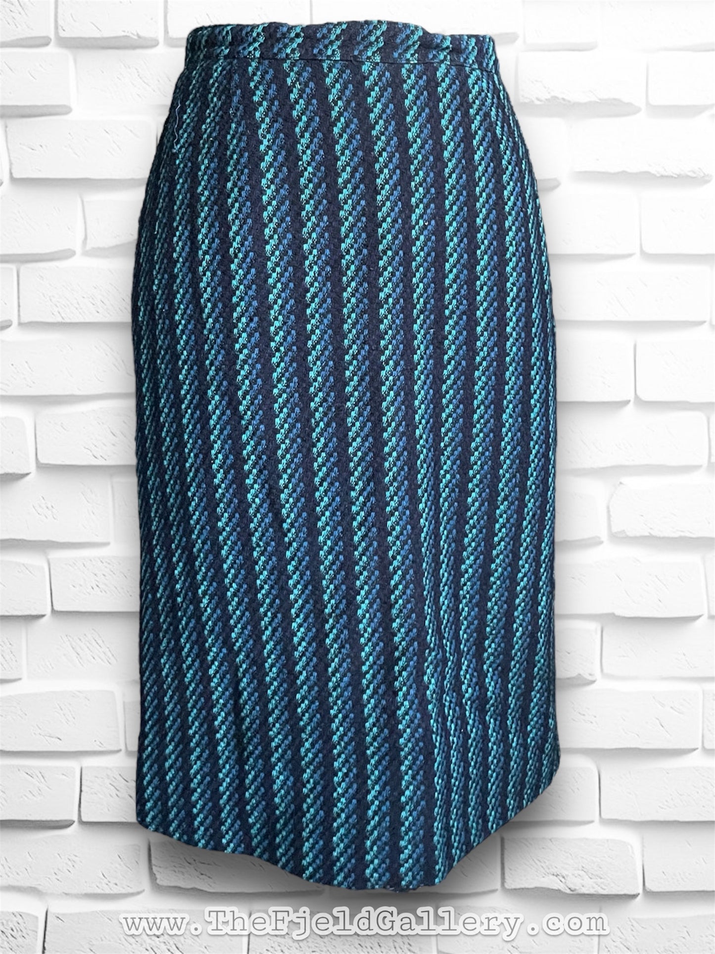 Vintage 1970’s Blue, Teal & Black Wool Striped Pencil Skirt