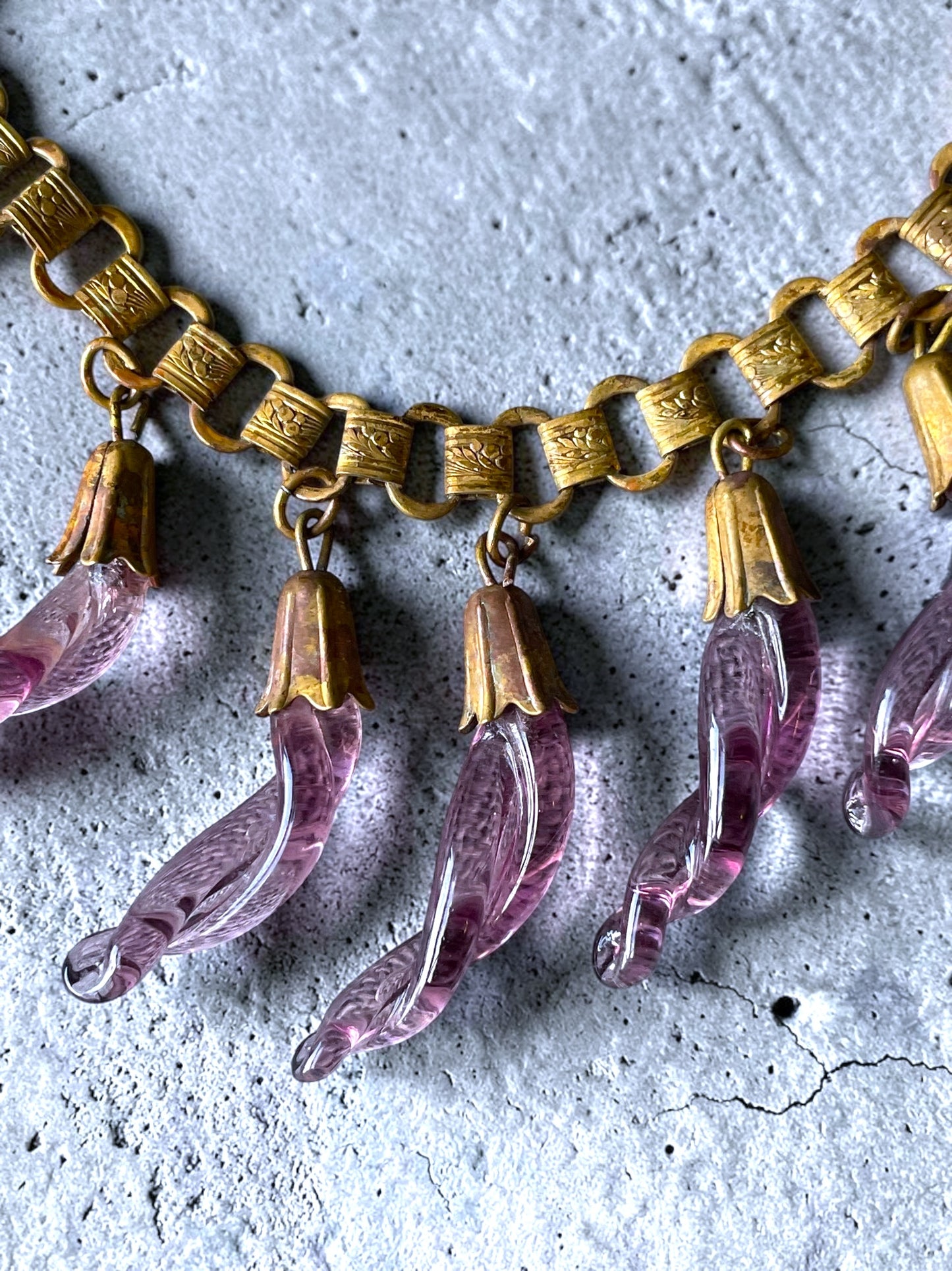 Victorian Book-link Chain Purple Twisted Eggplant Czech Art Glass Festoon Bib Necklace