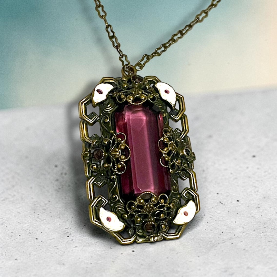 Art Nouveau Neiger Brothers Purple Crystal & Enamel Brass Filigree Necklace