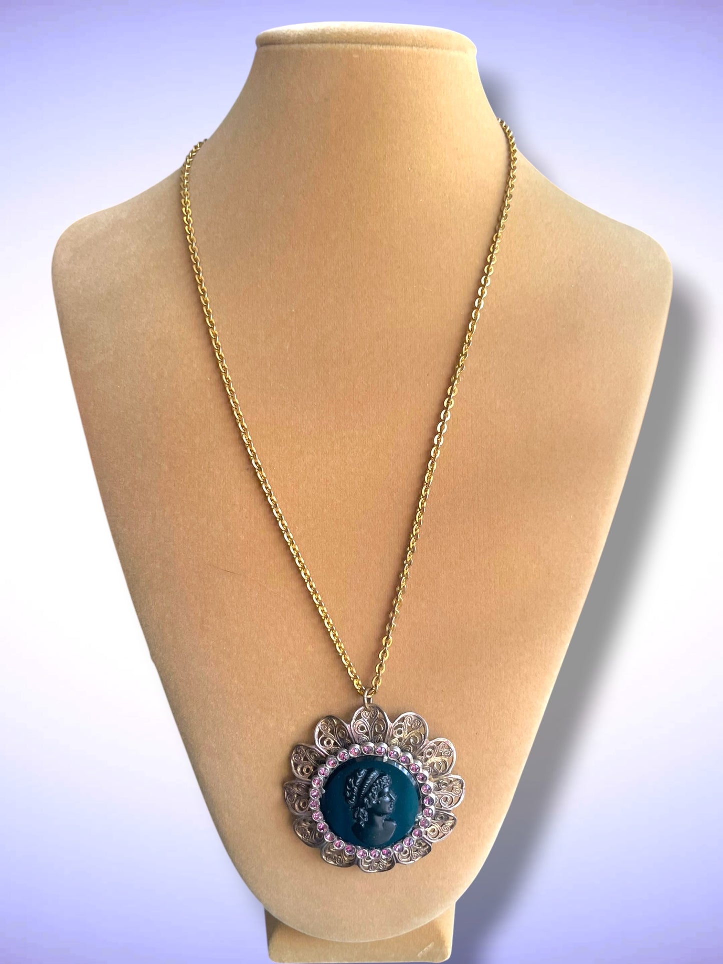 Czechoslovakian Brass Filigree, Purple Crystal, Black Art Glass Mourning Cameo Necklace