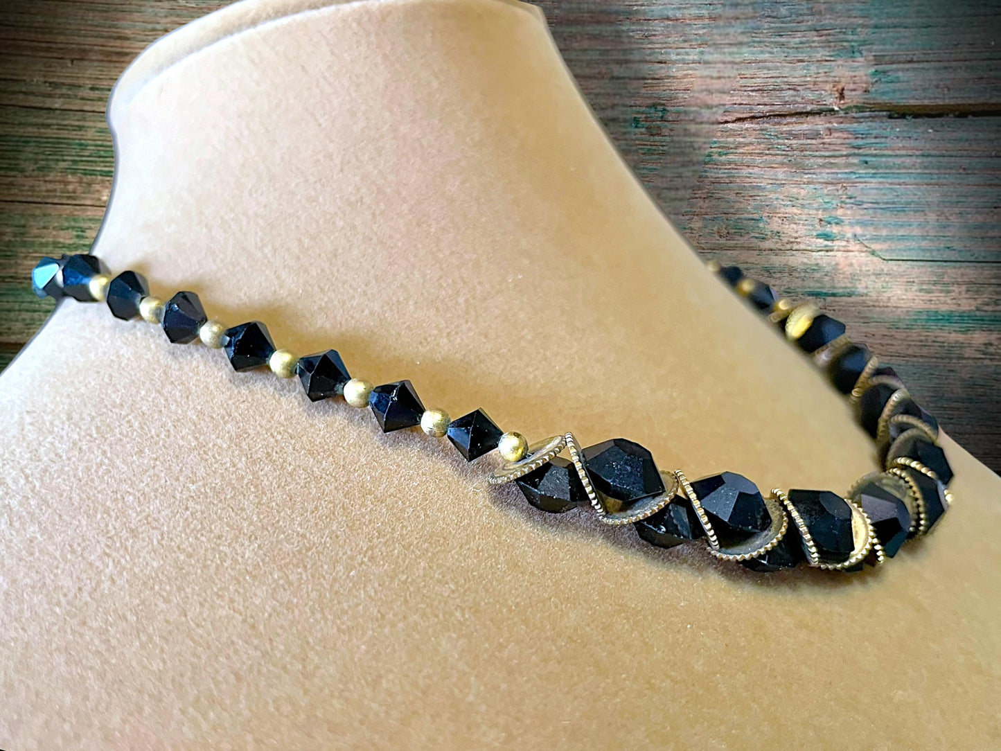 Victorian Mourning Black Crystal & Brass Saw-blade Gothic Chain Necklace