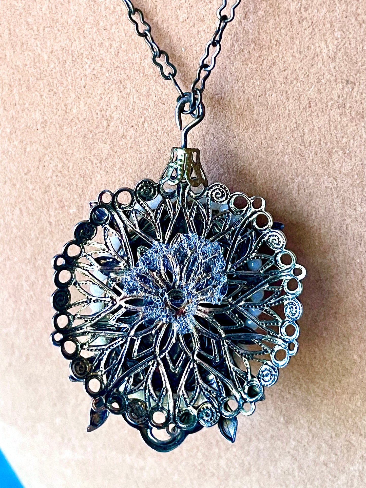 West German Brass Filigree Small Black Mirror Art Glass Hematite Cameo & Pearl Necklace