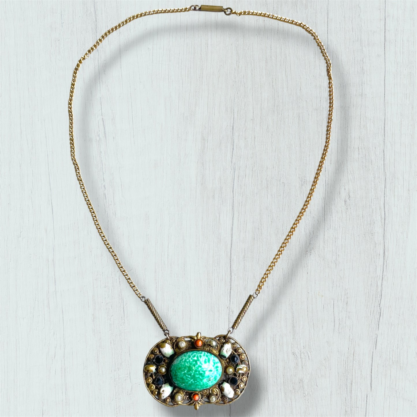 Art Nouveau Czechoslovakian Brass Filigree Jade Peking Art Glass Necklace