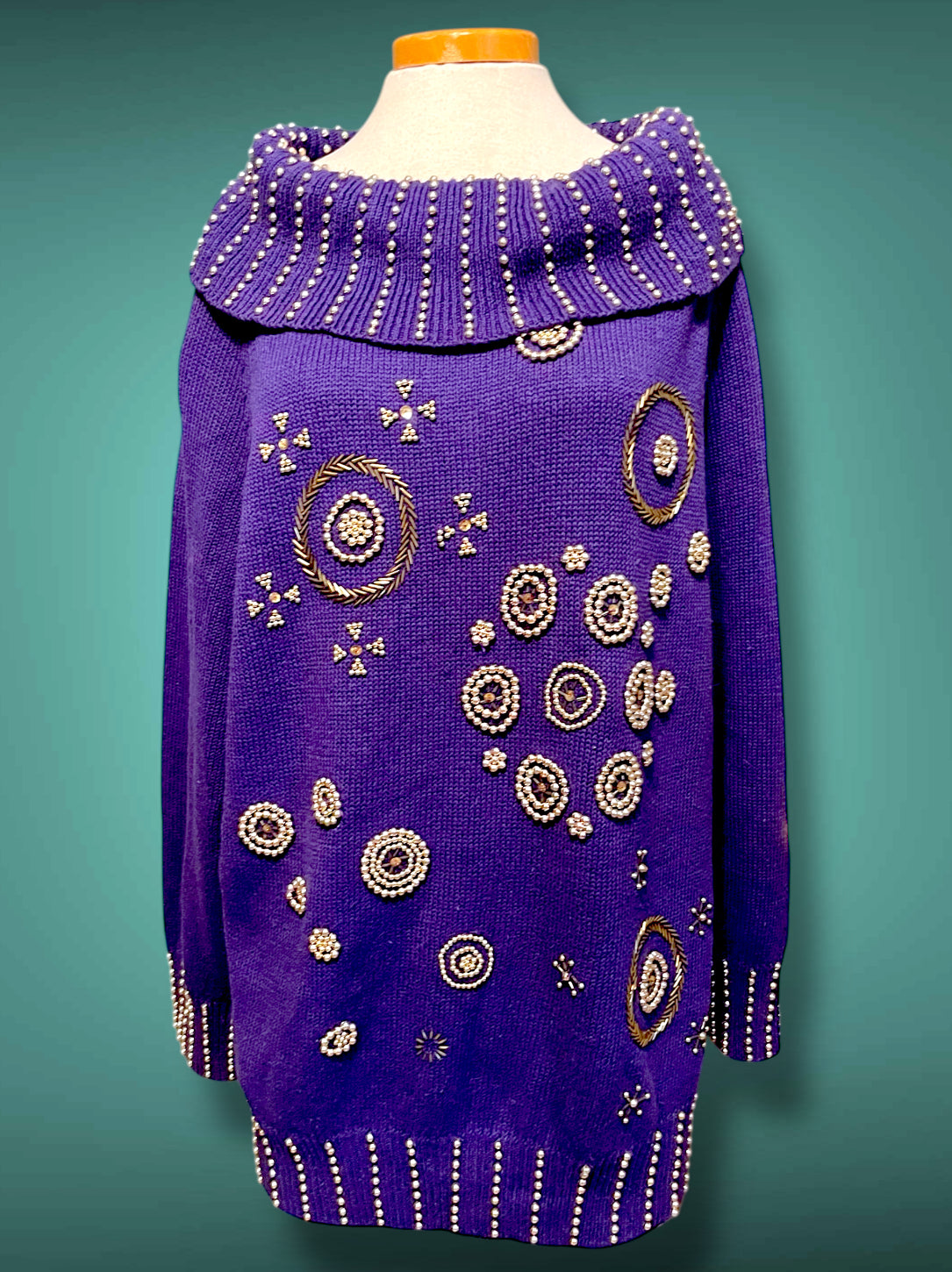 Vintage 1980’s Purple Oversized Boat Neck Sweater with Gold Bead Detail Design