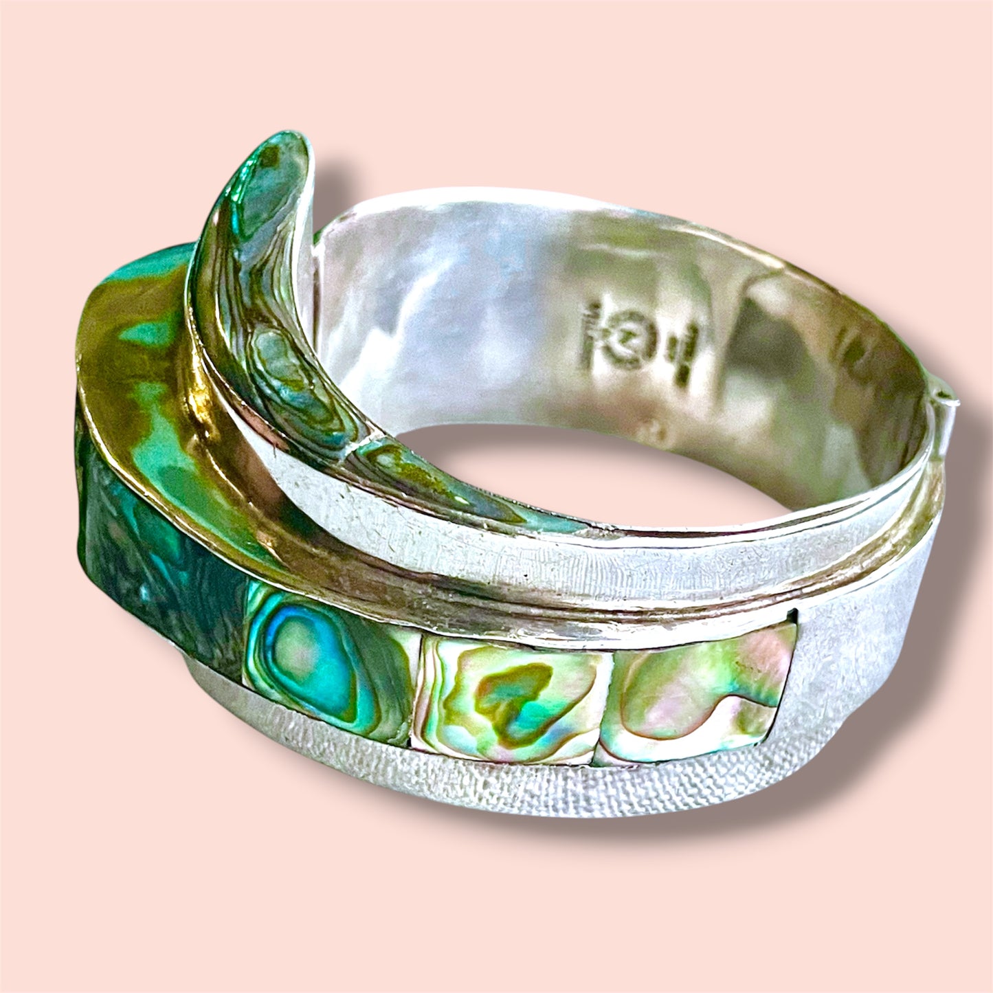 Taxco Sterling Ailver 925 Villisana Designer Abalone Hinged Clamper Bangle Bracelet