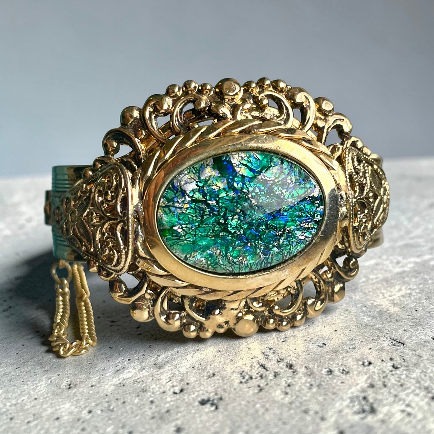 Whiting & Davis Green Dragons Breath Fire Opal Foil Art Glass Gold Brass Filigree Embossed Hinged Clamper Bracelet (Necklace Sold Separately)