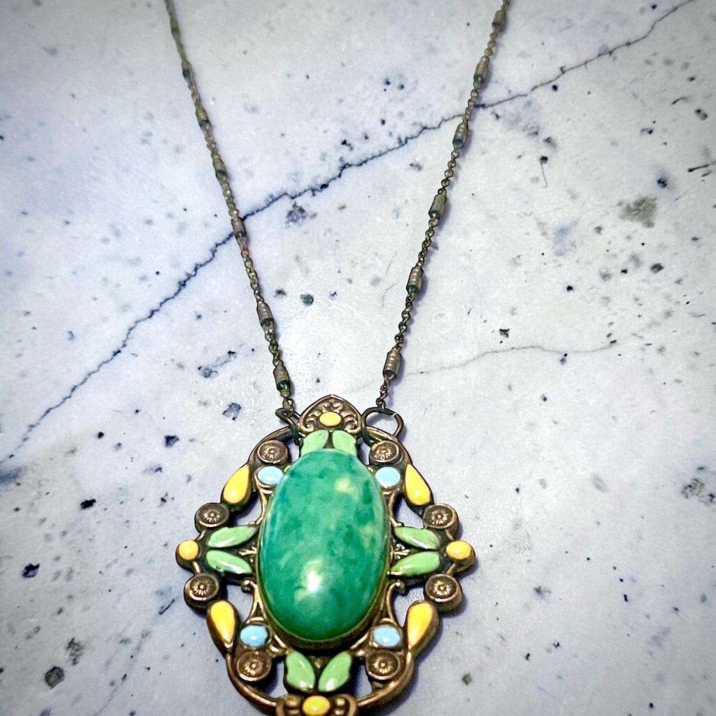 Czech Brass Green Peking Art Glass Yellow & Green Enamel Brooch Pendant Necklace